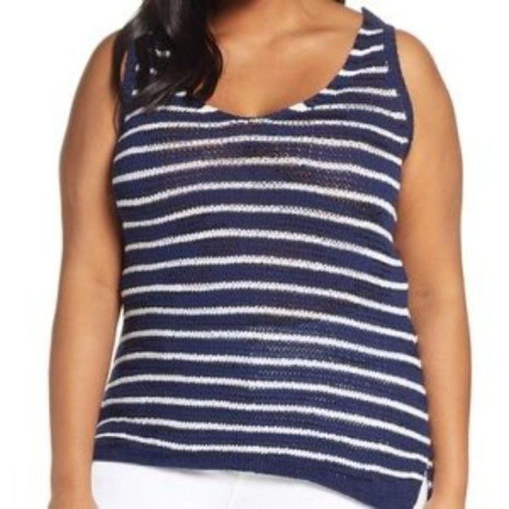 Caslon Cotton Blend Striped Sweater Tank Top size 1X in Blue/White - NEW